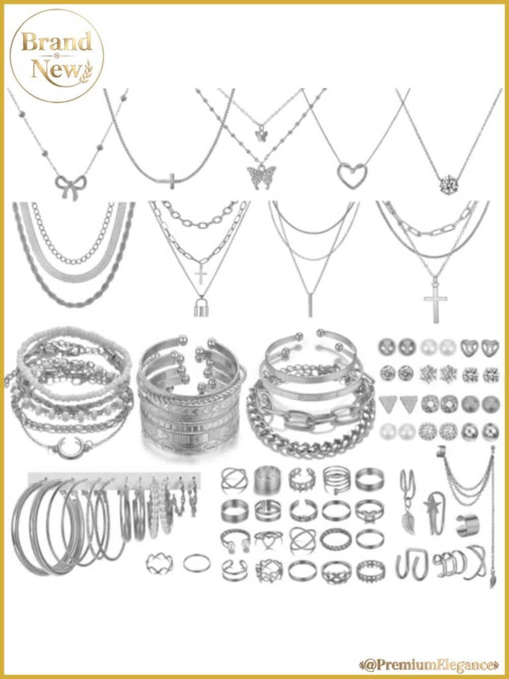 Silver Plated Jewelry Set 99 Pcs for Women - Layered Necklaces, Earrings,